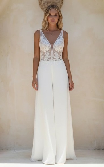 Sleeveless Deep V-Neck Jumpsuit with Sheer Lace Corset Bodice