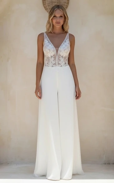 Sleeveless Deep V-Neck Jumpsuit with Sheer Lace Corset Bodice