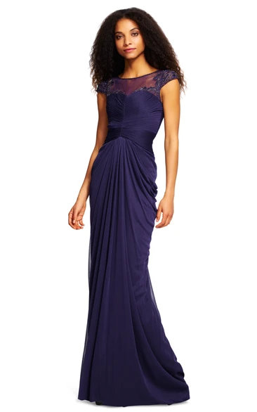 Sheath Cap-Sleeve Appliqued Bateau-Neck Long Chiffon Bridesmaid Dress With Draping And V Back