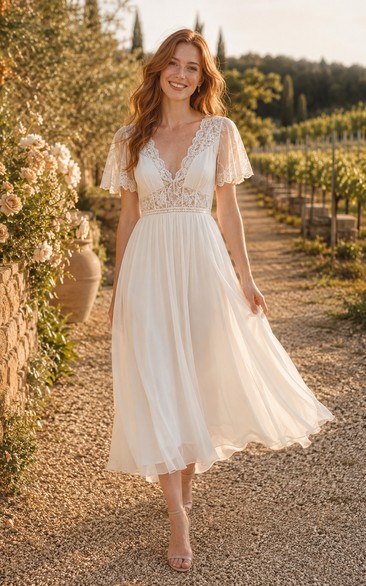 Robe de mariée mi-longue en mousseline de soie et dentelle à col en V