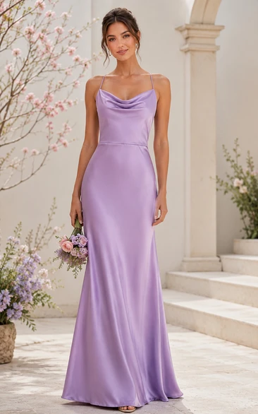 Lavender Cowl Neck Satin Sheath Bridesmaid Dress