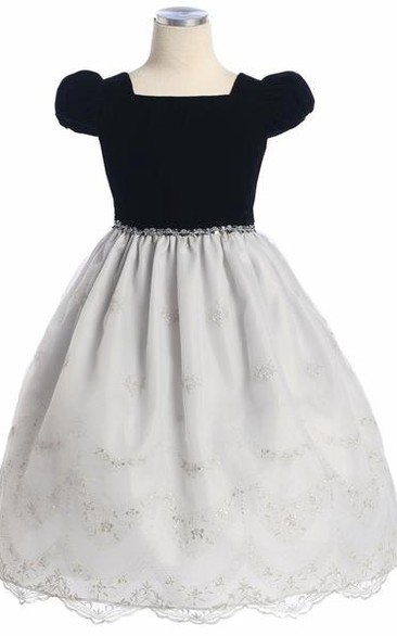 Tea-Length Bowed Cap-Sleeve Organza Flower Girl Dress