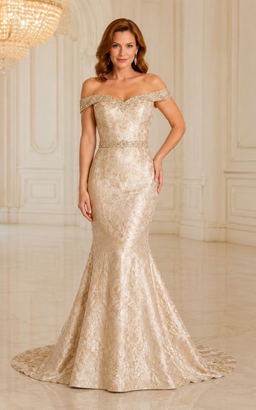 Champagnerfarbenes, schulterfreies Pailletten-Meerjungfrauen-Abendkleid mit Schleppe