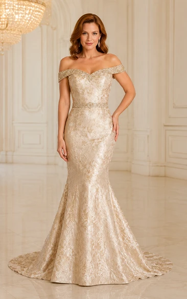 Robe de soirée sirène champagne à sequins, épaules dénudées et traîne balayée
