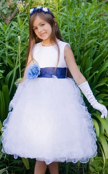 Tea-Length Floral Tiered Organza&Satin Flower Girl Dress With Ruffles