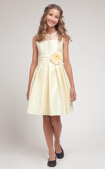 Knee-Length Pleated Split-Front Organza&Satin Flower Girl Dress