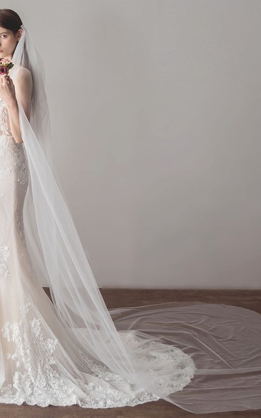 Simple Style White Tulle Cathedral Bridal Veil