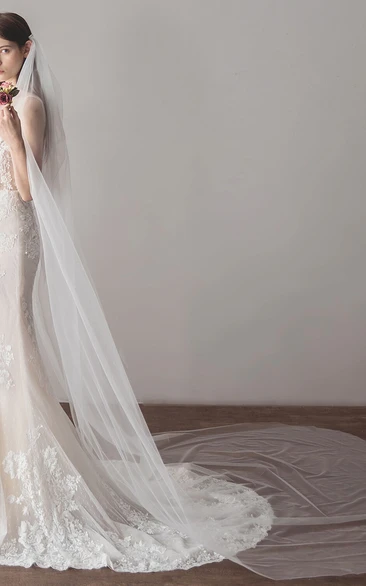 Simple Style White Tulle Cathedral Bridal Veil