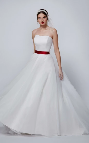 A-Line Long Sleeveless Strapless Satin&Tulle Wedding Dress