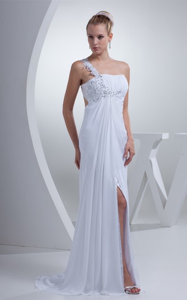 Chiffon Pleated Sleeveless Front Slit and Dress With Beading