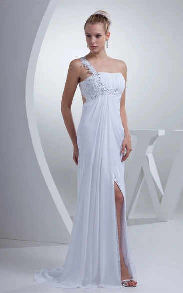 Chiffon Pleated Sleeveless Front Slit and Dress With Beading
