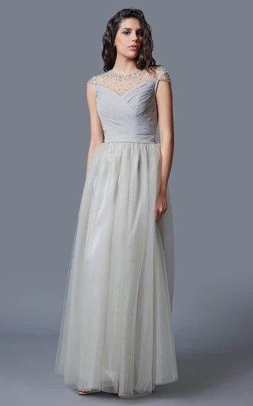Cap Sleeve Jewel Neck Ruched Long Tulle Dress With Beading