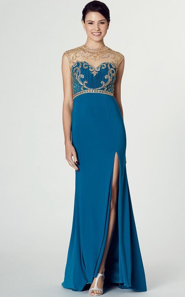 Sheath Beaded High Neck Long Cap-Sleeve Jersey Prom Dress With Illusion Back And Split Front