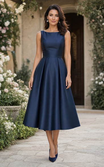 Dark Navy Satin Bateau Tea-Length A-Line Dress
