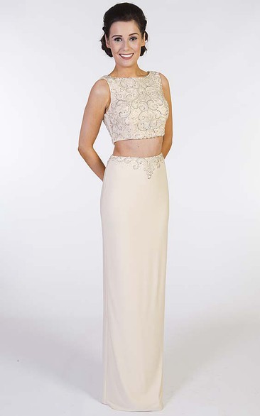 Pencil Sleeveless Long Beaded Jewel-Neck Chiffon Prom Dress With Split Back