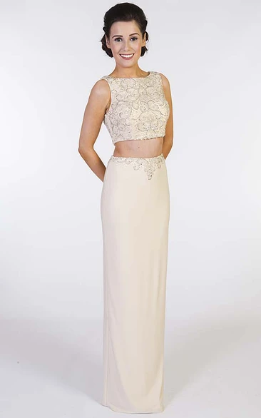 Pencil Sleeveless Long Beaded Jewel-Neck Chiffon Prom Dress With Split Back