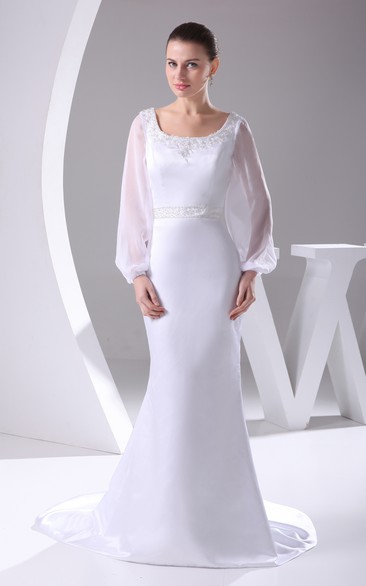 Square-Neck Beaded Mermaid Satin Mother Of Thebride Dress With Long-Sleeve Design and Court Train