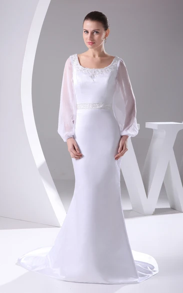 Square-Neck Beaded Mermaid Satin Mother Of Thebride Dress With Long-Sleeve Design and Court Train