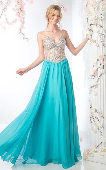 A-Line V-Neck Sleeveless Chiffon Deep-V Back Dress With Beading And Pleats