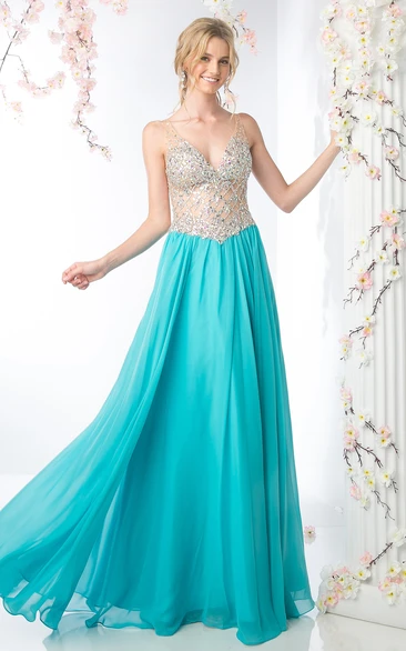 A-Line V-Neck Sleeveless Chiffon Deep-V Back Dress With Beading And Pleats