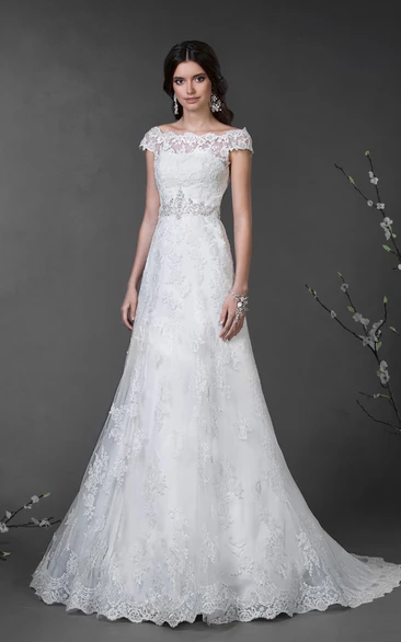 A-Line Floor-Length Off-The-Shoulder Cap-Sleeve Illusion Lace Dress With Appliques And Waist Jewellery