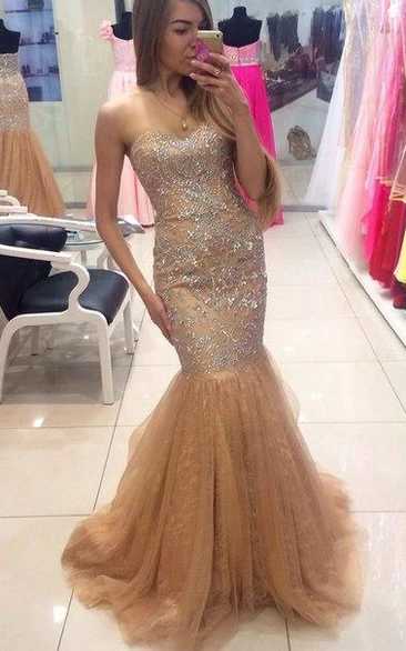 Glamorous Sweetheart Beadings Mermaid Evening Dresses Tulle Zipper Back