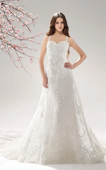 Sleeveless Long Wedding Gown with Lace Appliques and Illusion Style