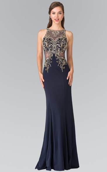 Sheath Bateau Sleeveless Jersey Illusion Dress With Beading And Pleats