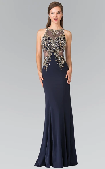 Sheath Bateau Sleeveless Jersey Illusion Dress With Beading And Pleats