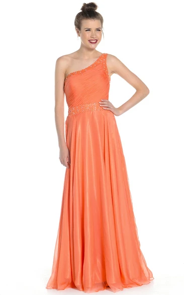 Long Beaded One-Shoulder Sleeveless Satin&Tulle Prom Dress With Waist Jewellery And Ruching