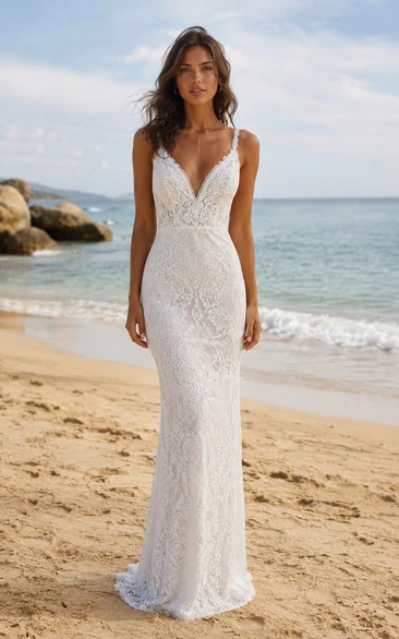 Spaghetti Strap Lace Sheath Wedding Dress with V-Neck and Low Back Sweep Train
