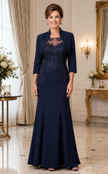 Dark Navy Mermaid Mother of the Bride Dress with Lace Bodice and Cropped Jacket