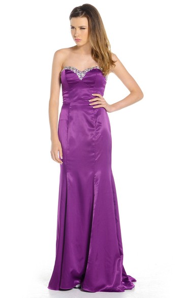 Sheath Sleeveless Beaded Sweetheart Floor-Length Satin Prom Dress