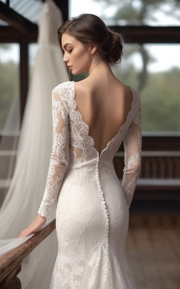 Plunging Neckline Deep V-Back Long Sleeve Lace Bridal Jumpsuit with Detachable Tulle Train