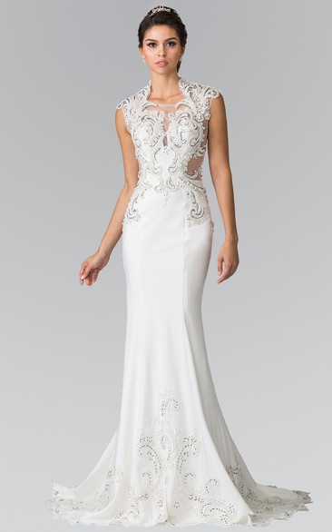 Sheath Floor-Length Cap-Sleeve Jersey Sweep Train Dress With Appliques