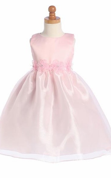 Tea-Length Sleeveless Tiered Organza&Satin Flower Girl Dress