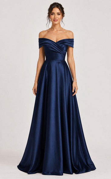 Satin Prom Dress in Dark Navy, Off-the-shoulder, Sweetheart Ball Gown Floor-Length Gown with Pleats