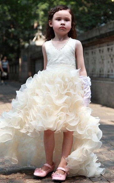 Flower Girl V-neck High Low Organza Dress With Ruffles