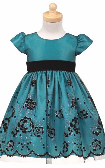 Tea-Length Tiered Cap-Sleeve Tulle&Taffeta Flower Girl Dress With Split