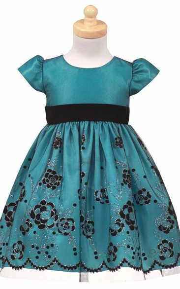 Tea-Length Tiered Cap-Sleeve Tulle&Taffeta Flower Girl Dress With Split