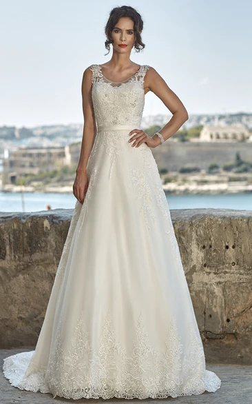 A-Line Sleeveless Floor-Length Scoop-Neck Appliqued Lace Wedding Dress