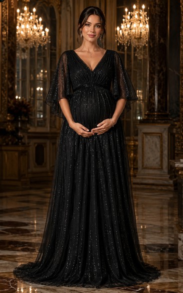 Maternity A-Line Sequin Maternity Dress with V-neck, 3/4 Length Sleeve and Sequins Drape, Floor Length