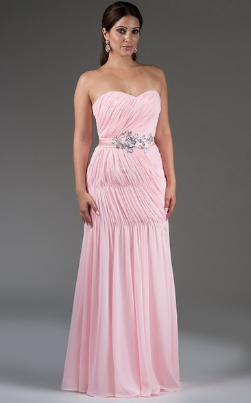 Ruched Sweetheart Chiffon Long Bridesmaid Dress With Sequined Satin Sash
