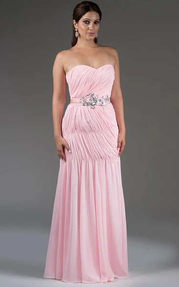 Ruched Sweetheart Chiffon Long Bridesmaid Dress With Sequined Satin Sash