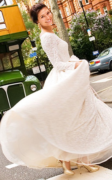 Sheath Floor-Length Long-Sleeve Lace Wedding Dress With Illusion Back