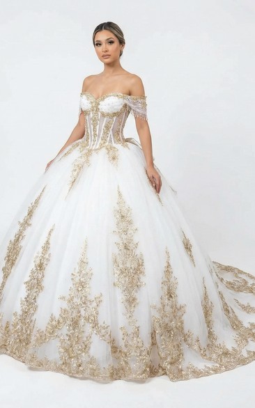 White and Gold Quinceanera Ball Gown Off Shoulder Corset with Appliques Train