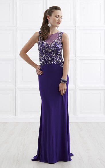 Sheath Scoop-Neck Sleeveless Jersey Illusion Dress With Beading