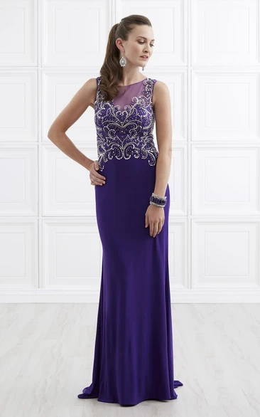 Sheath Scoop-Neck Sleeveless Jersey Illusion Dress With Beading