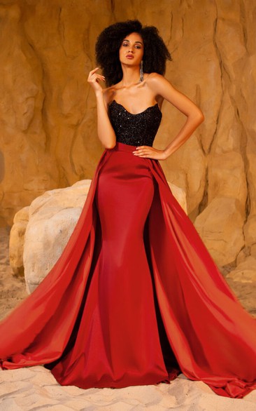 Sexy Black and Red Two-Tone Sheath Prom Dress with Detachable Train