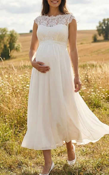 High Neck Lace Maternity Wedding Dress with Cap Sleeves and Tea Length Chiffon Skirt